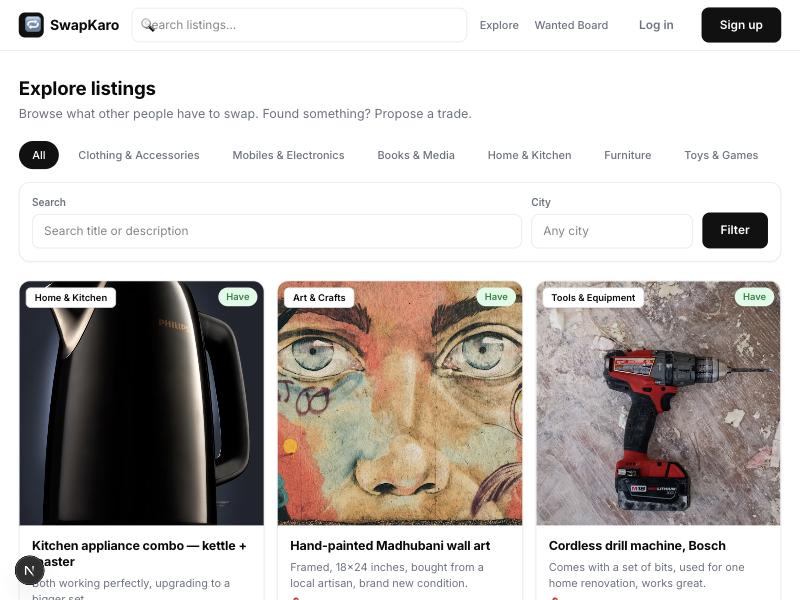 SwapKaro explore listings page